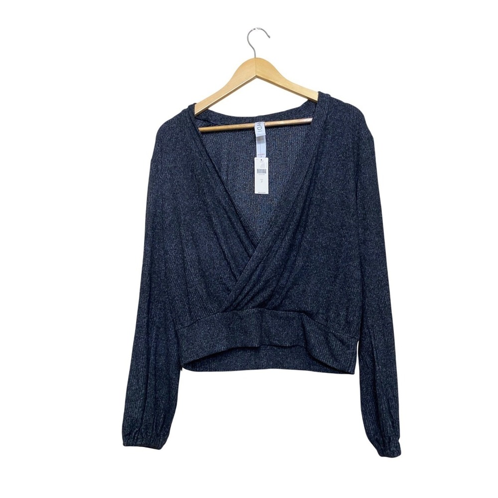 Madi Ribbed‎ Surplice Wrap Top Charcoal Black V-Neck Long Sleeve Blouse NWT L